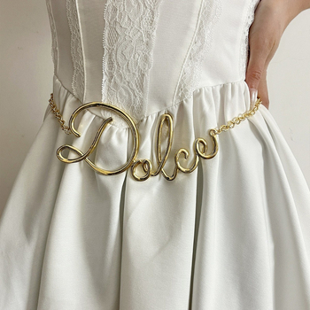 Верижка за талия за жени с бахрома и буквен дизайн — метална, дължина 80–100 см, ширина 1 см, двойно коланче
