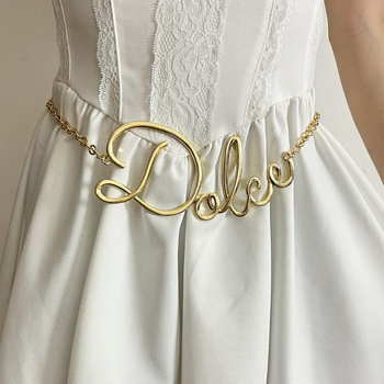 Верижка за талия за жени с бахрома и буквен дизайн — метална, дължина 80–100 см, ширина 1 см, двойно коланче