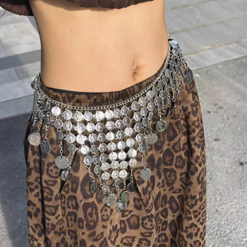 Колан за талия - многослоен метален ланец с монетни висулки, регулируем, дължина 105 см
