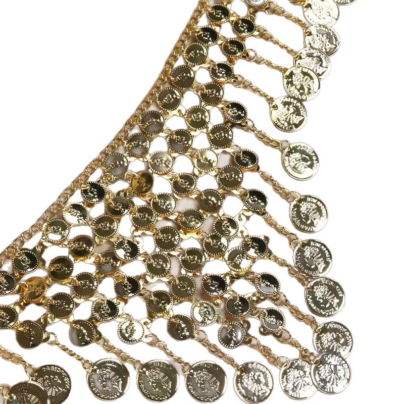 Колан за талия - многослоен метален ланец с монетни висулки, регулируем, дължина 105 см
