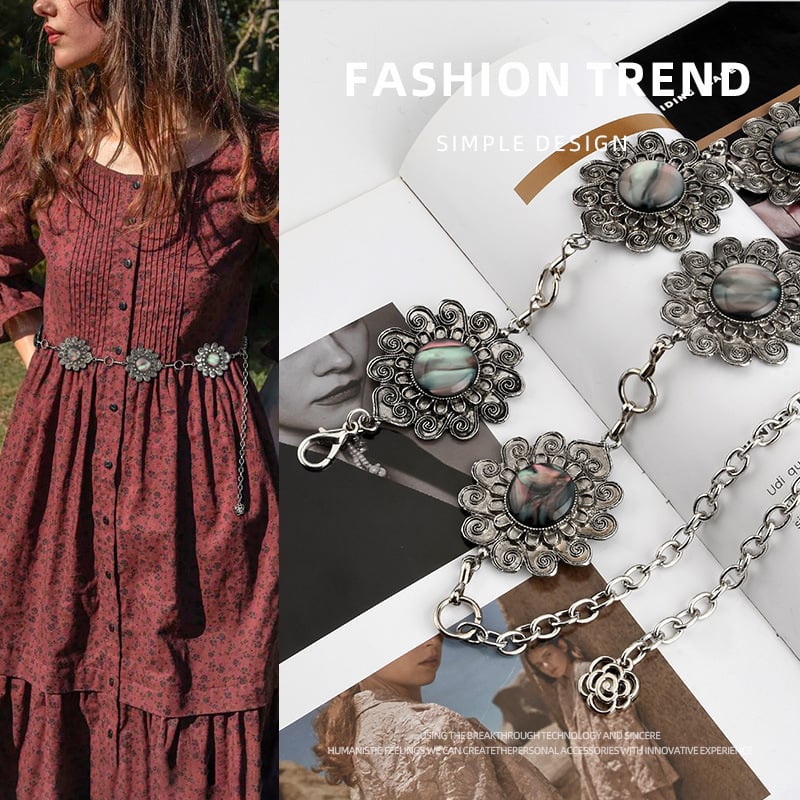 Метален талиев колан за жени, богемен ретро дизайн с големи цветя, есенно 2024 издание, персонализация налична