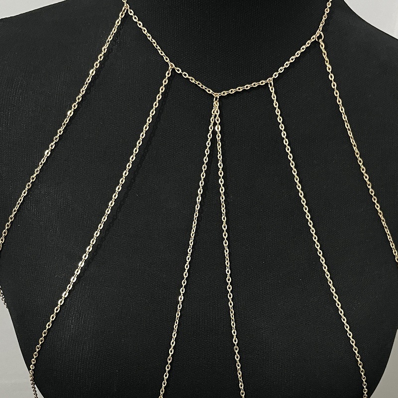 Женска многослойна пискюлна верига за тяло с куха метална верига за бюст, електроплакирана, капковидна форма