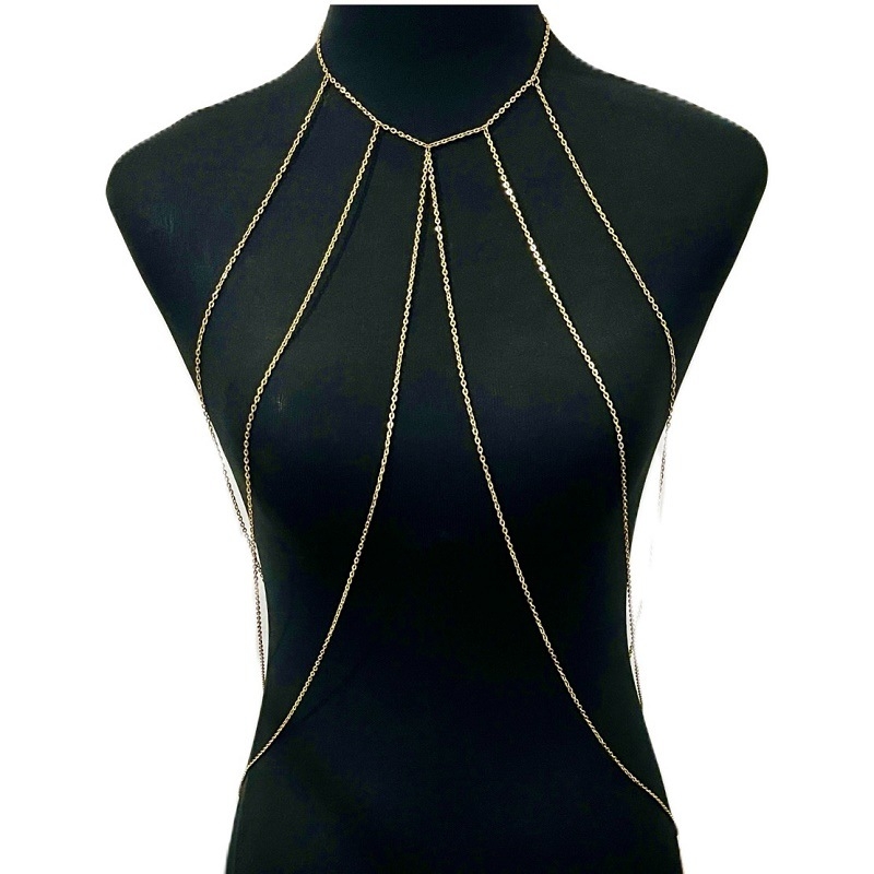 Женска многослойна пискюлна верига за тяло с куха метална верига за бюст, електроплакирана, капковидна форма
