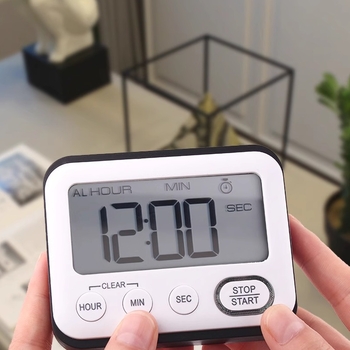 Мултифункционален електронен таймер с аларма, правоъгълно пластмасово тяло, LCD дисплей, захранване с батерии