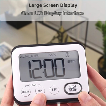 Мултифункционален електронен таймер с аларма, правоъгълно пластмасово тяло, LCD дисплей, захранване с батерии