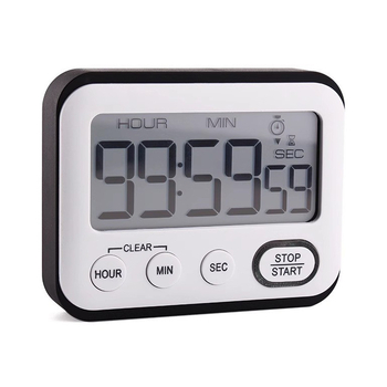 Мултифункционален електронен таймер с аларма, правоъгълно пластмасово тяло, LCD дисплей, захранване с батерии