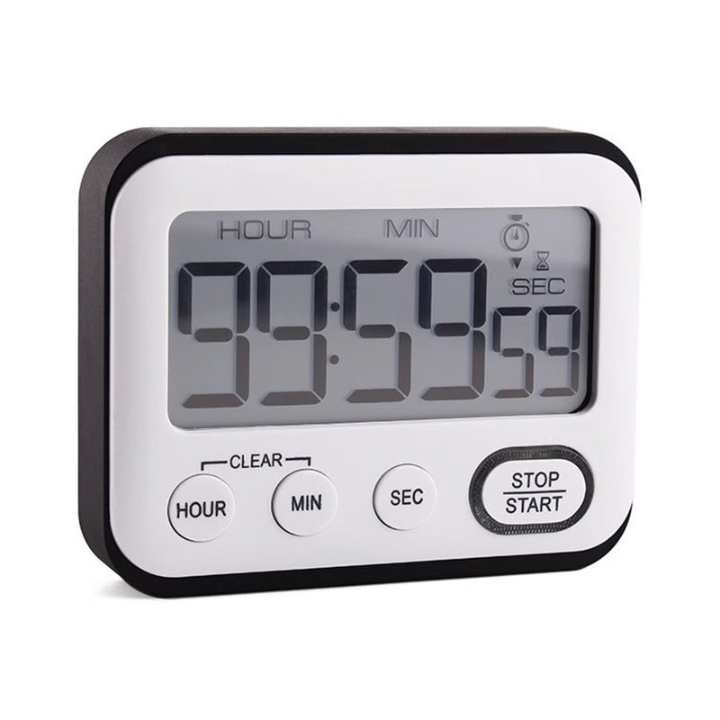 Мултифункционален електронен таймер с аларма, правоъгълно пластмасово тяло, LCD дисплей, захранване с батерии