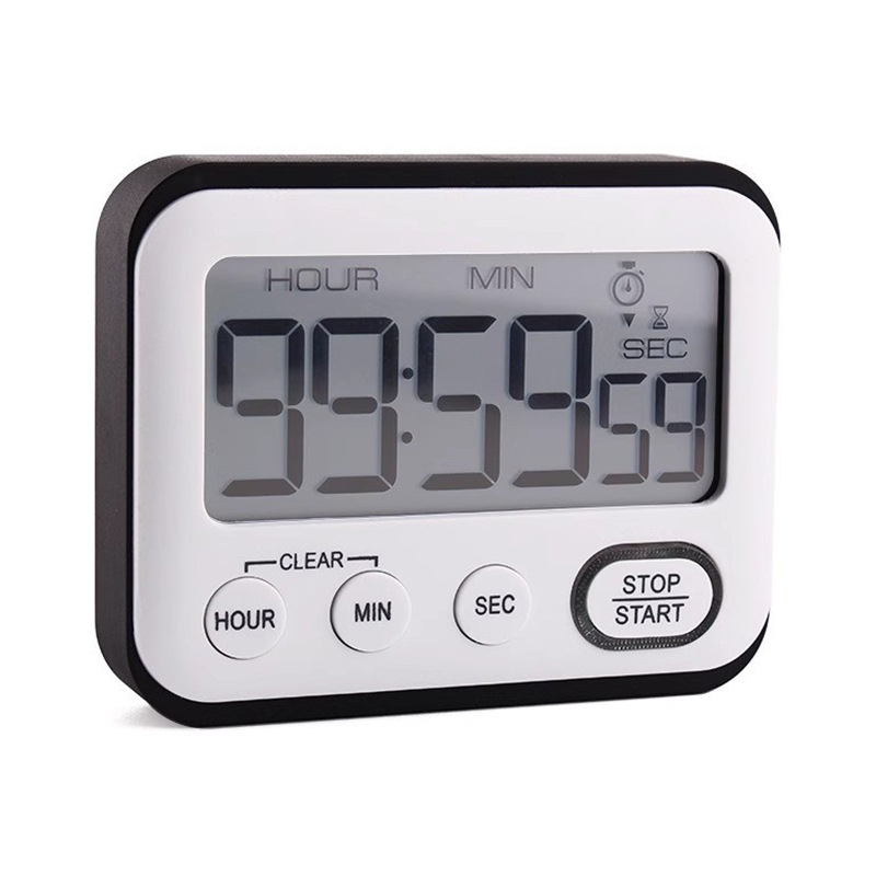 Мултифункционален електронен таймер с аларма, правоъгълно пластмасово тяло, LCD дисплей, захранване с батерии