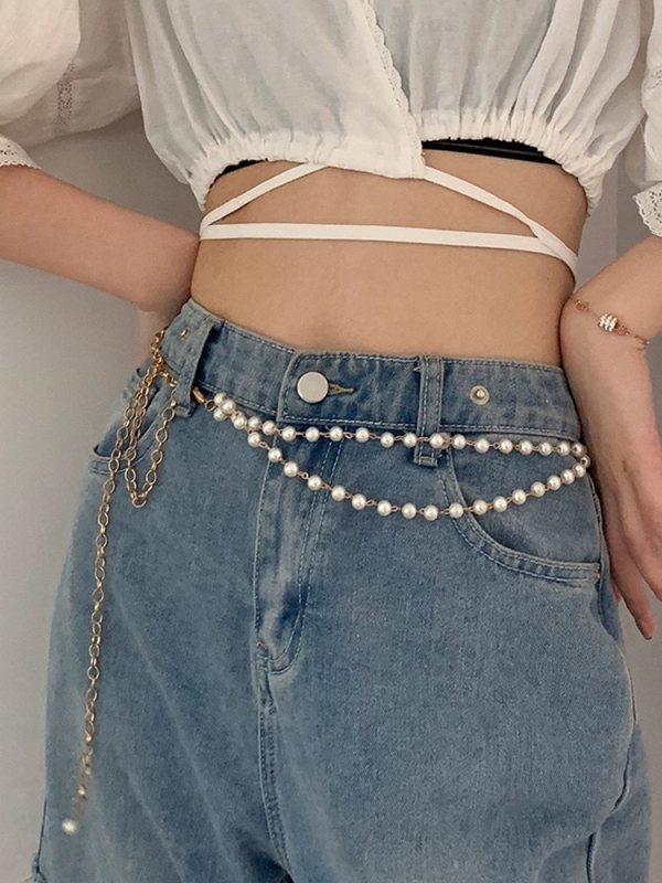 Женски колан за талия, многослоен дизайн с изкуствени перли, метална регулируема верига, регулируема и персонализирана