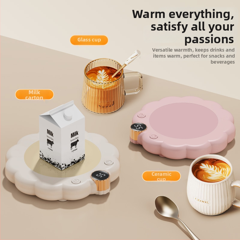 Умна подложка за чаша с регулируема температура, захранване от мрежата, пластмасов корпус, управление с бутон, автоматично изключване