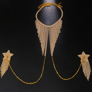 Дамска телесна верига със стрази, звездообразна гръдна част и пискюли, електроплатирана, сплав с инкрустирани камъни