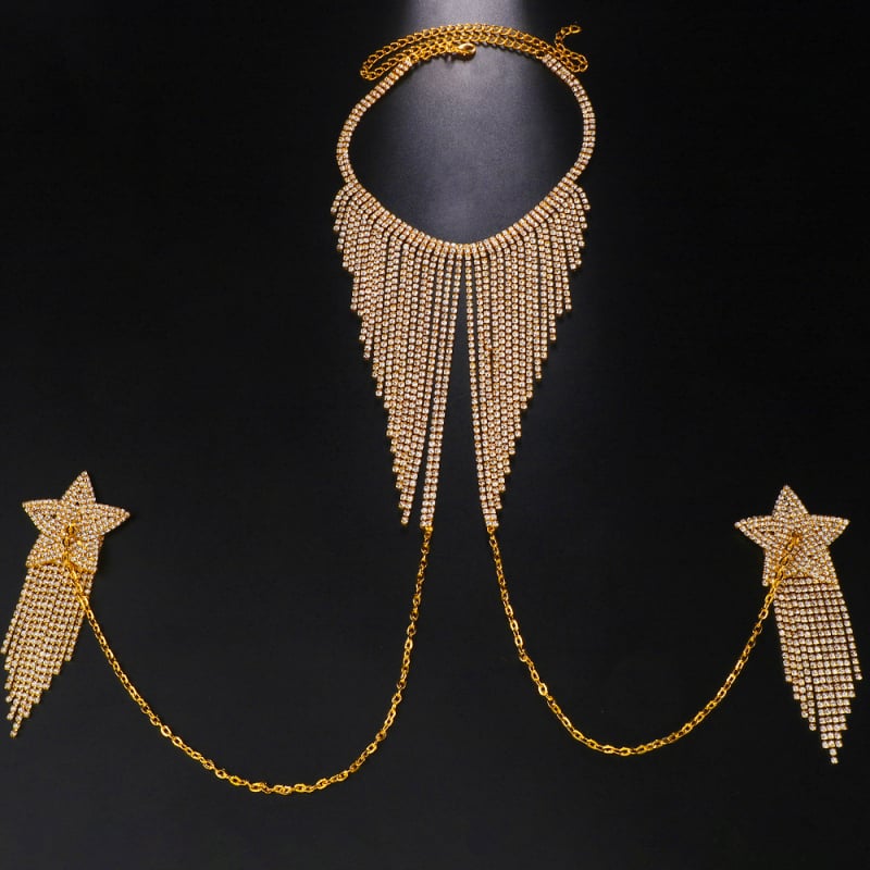 Дамска телесна верига със стрази, звездообразна гръдна част и пискюли, електроплатирана, сплав с инкрустирани камъни