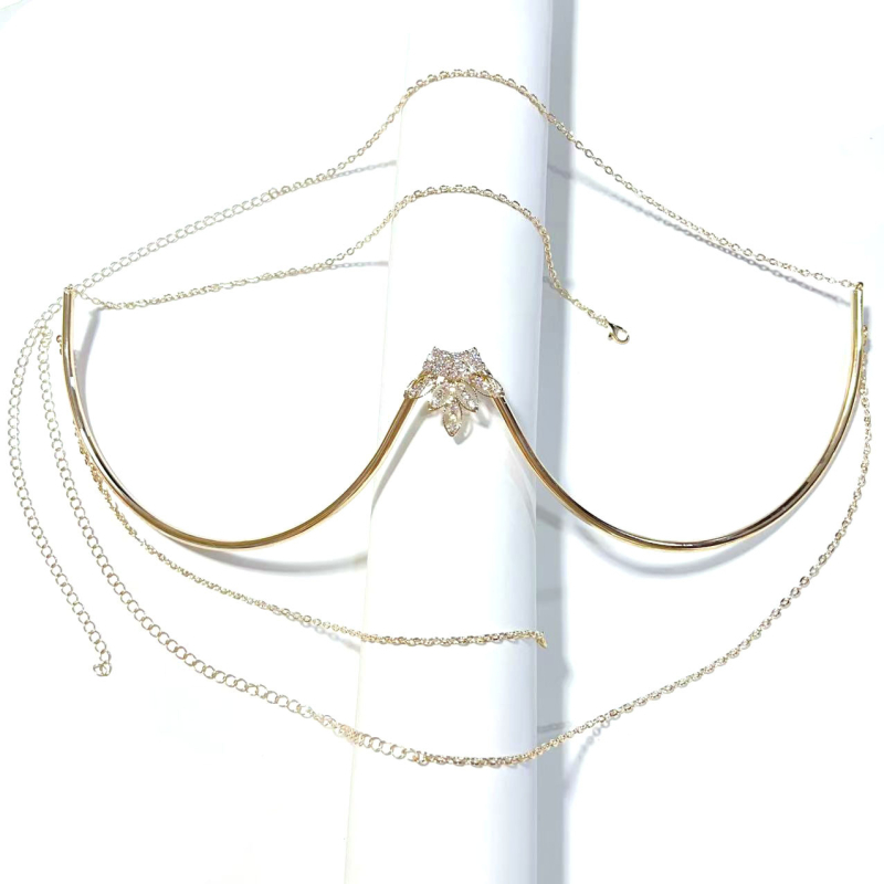 Женска верига за тяло с кристали, листовиден дизайн, електроплакирана неръждаема стомана