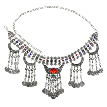 Верижка за талия с монетни висулки и ресни, бохемски стил, метал, дължина 115 см