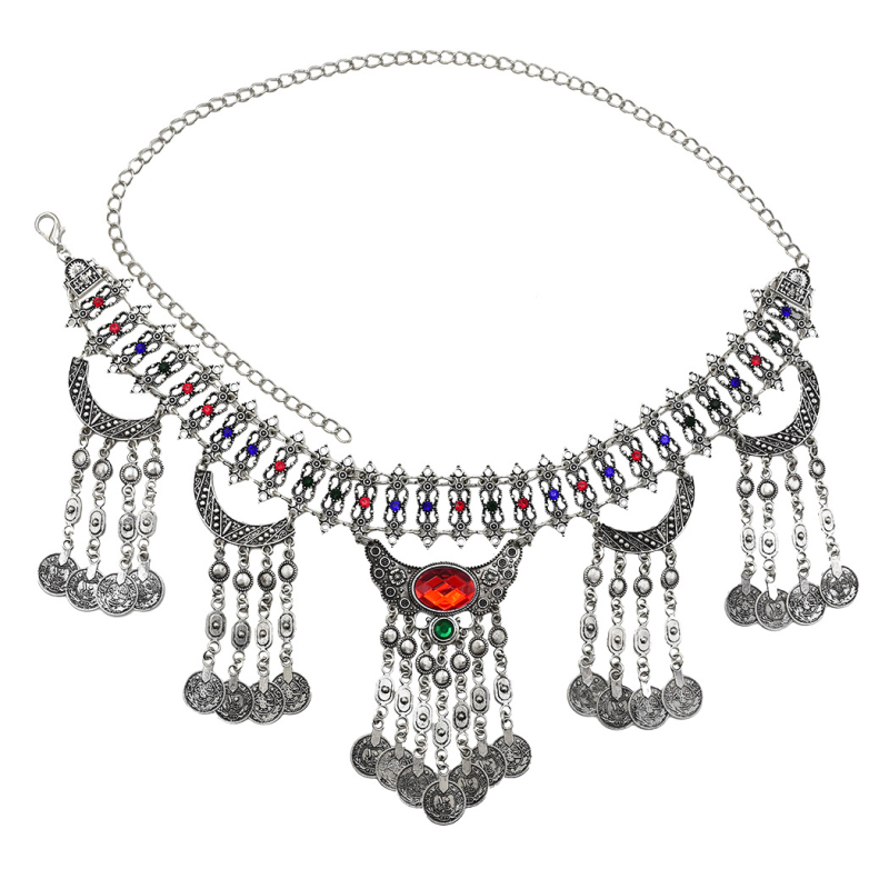 Верижка за талия с монетни висулки и ресни, бохемски стил, метал, дължина 115 см