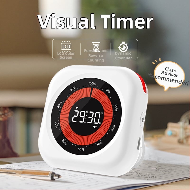 Визуален таймер за учене на ученици, таймер за самодисциплина, кръгъл корпус (електронно движение, LCD дисплей, хронограф, батерийно захранване)