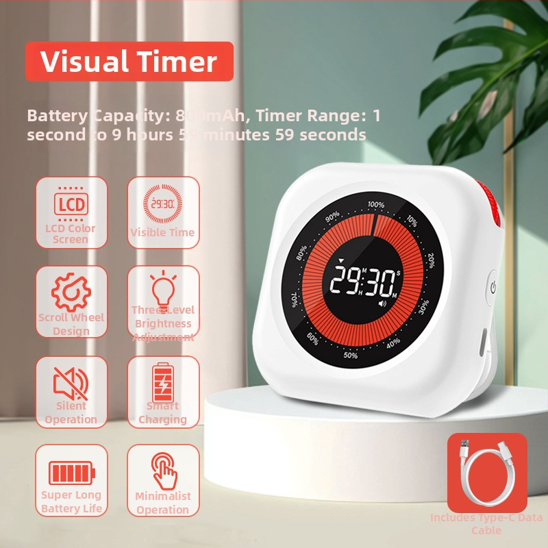 Визуален таймер за учене на ученици, таймер за самодисциплина, кръгъл корпус (електронно движение, LCD дисплей, хронограф, батерийно захранване)