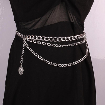 Женска метална талияна верига с многослойна конструкция и ресни за рокля, дължина 105 см