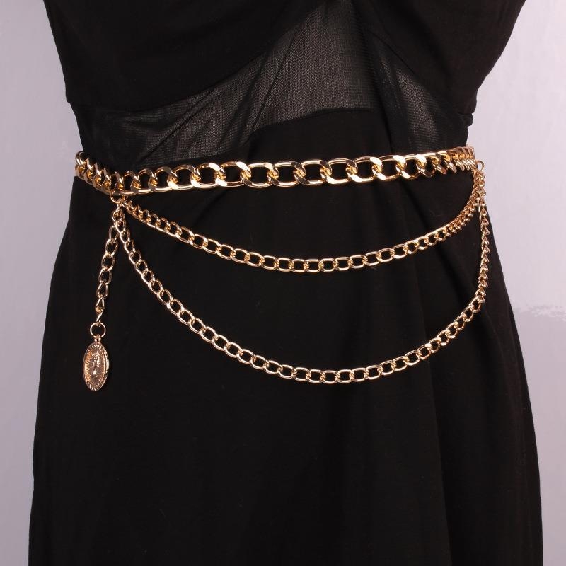 Женска метална талияна верига с многослойна конструкция и ресни за рокля, дължина 105 см