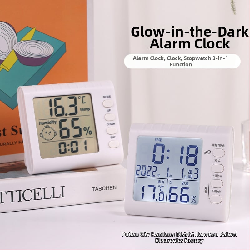 Термохигромер със светещ будилник и секундомер, 3-в-1 часовник с LED цифров дисплей, батерийно захранване, квадратен пластмасов корпус, термометър