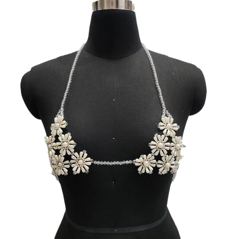 Гръдна верига със цветен мотив, имитационни перли под формата на оризови зърна; подходяща за бански костюм; тяло-верига в златен и сребърен тон – есен 2024