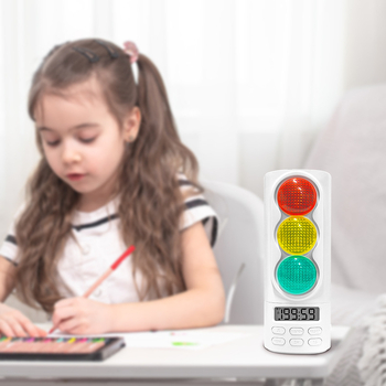 Таймер за учене с визуален сигнал светофар (червено-зелено) — LCD дисплей, електронен механизъм, пластмасов корпус, правоъгълна форма, външно захранване — DIUBUDE