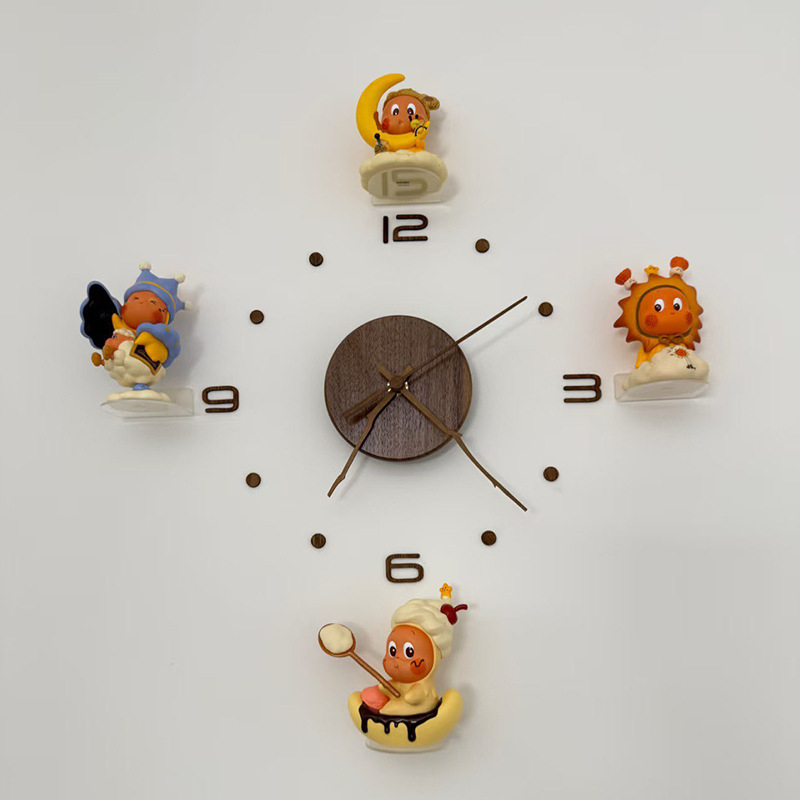 Стенен часовник от орехово дърво, кръгъл циферблат с лице от смола, батериен механизъм, аналогов дисплей с цифри, стил карикатура, подходящ за хол, спалня и офис.