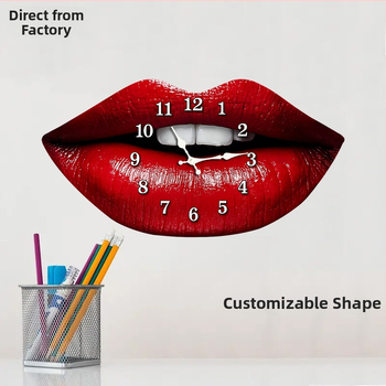 Стенен часовник с червени устни — Нордичен стил, безшумен кварцов часовник с движение Seiko, дървен циферблат, едностранен