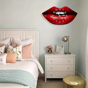 Стенен часовник с червени устни — Нордичен стил, безшумен кварцов часовник с движение Seiko, дървен циферблат, едностранен