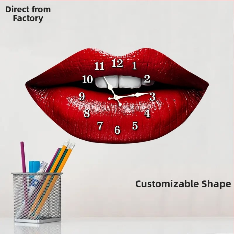 Стенен часовник с червени устни — Нордичен стил, безшумен кварцов часовник с движение Seiko, дървен циферблат, едностранен