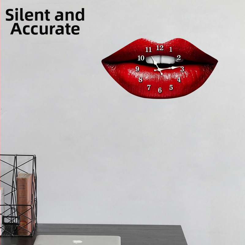 Стенен часовник с червени устни — Нордичен стил, безшумен кварцов часовник с движение Seiko, дървен циферблат, едностранен