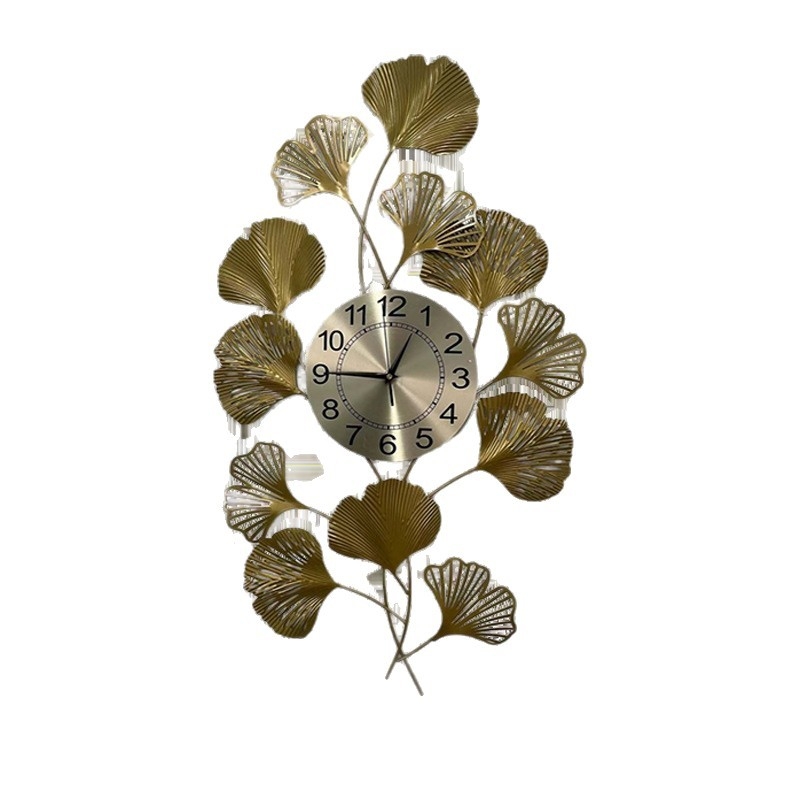 Стенно часовник с дизайн на лист гинко, модерен минимализъм, правоъгълна метална лицева част, батерийно захранване и електронно движение