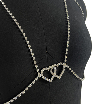 Двойна сърцевидна кристална гръдна верига - ръчна изработка, персонализираема верига за тяло за бански, сърцевиден дизайн