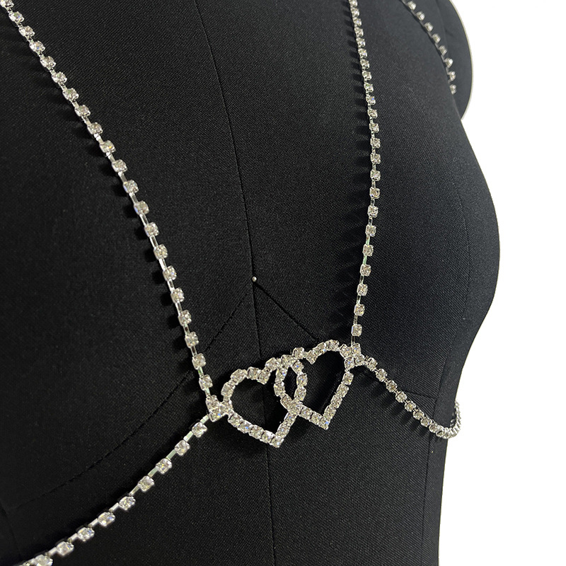 Двойна сърцевидна кристална гръдна верига - ръчна изработка, персонализираема верига за тяло за бански, сърцевиден дизайн