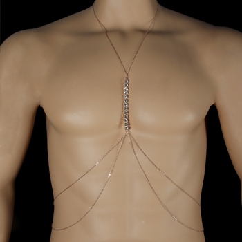 Мъжка телесна верижка с кристали, геометричен дизайн, сплавна вставка с изкуствени камъни, електроплатинация