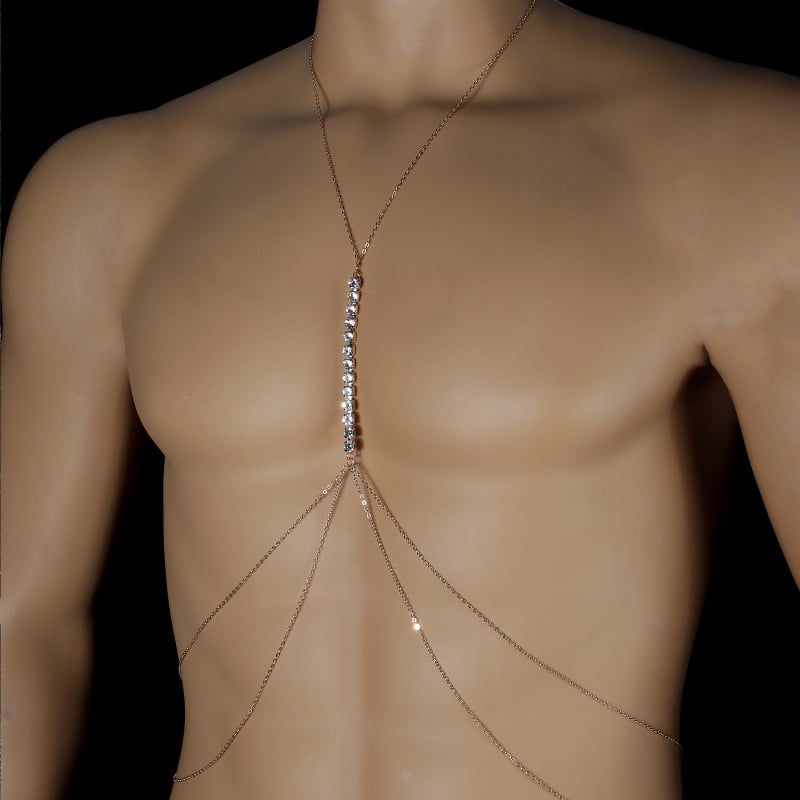 Мъжка телесна верижка с кристали, геометричен дизайн, сплавна вставка с изкуствени камъни, електроплатинация