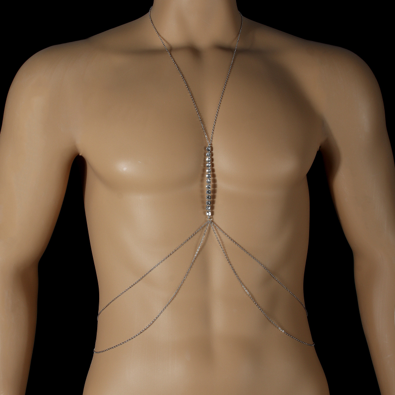 Мъжка телесна верижка с кристали, геометричен дизайн, сплавна вставка с изкуствени камъни, електроплатинация