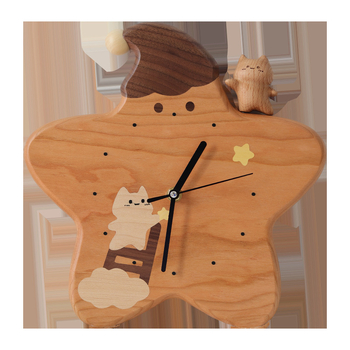 Стилен стенен часовник с дървен циферблат, захранван с батерии, плавен ход на секундата, стил карикатура, едностранен, подходящ за хол