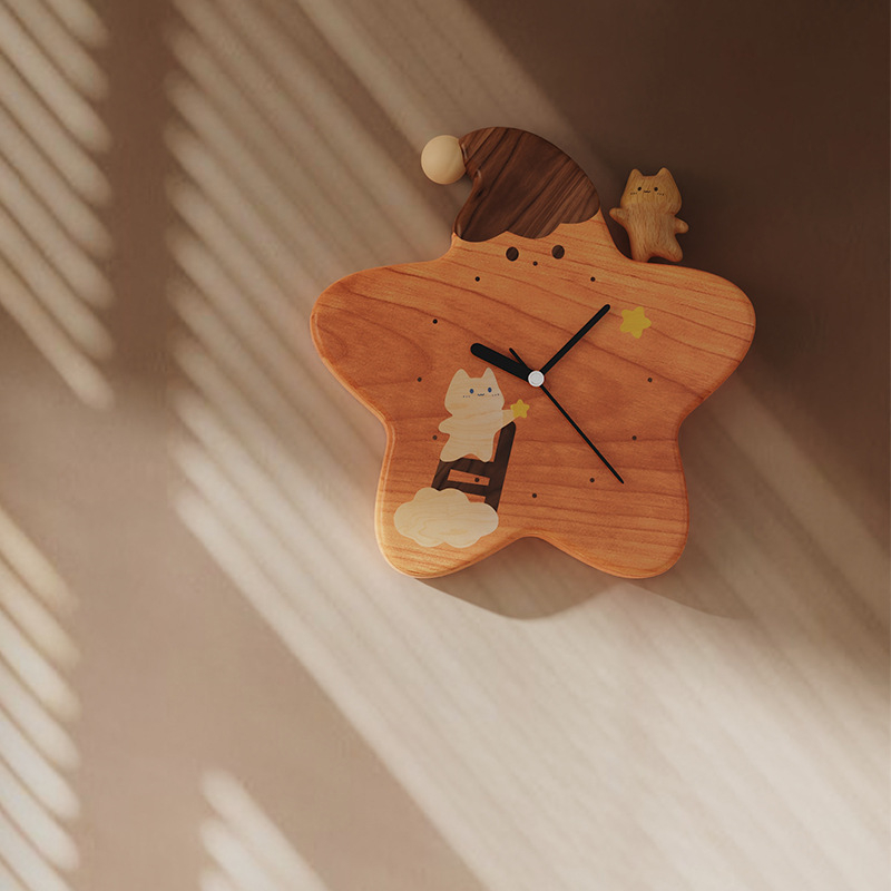 Стилен стенен часовник с дървен циферблат, захранван с батерии, плавен ход на секундата, стил карикатура, едностранен, подходящ за хол