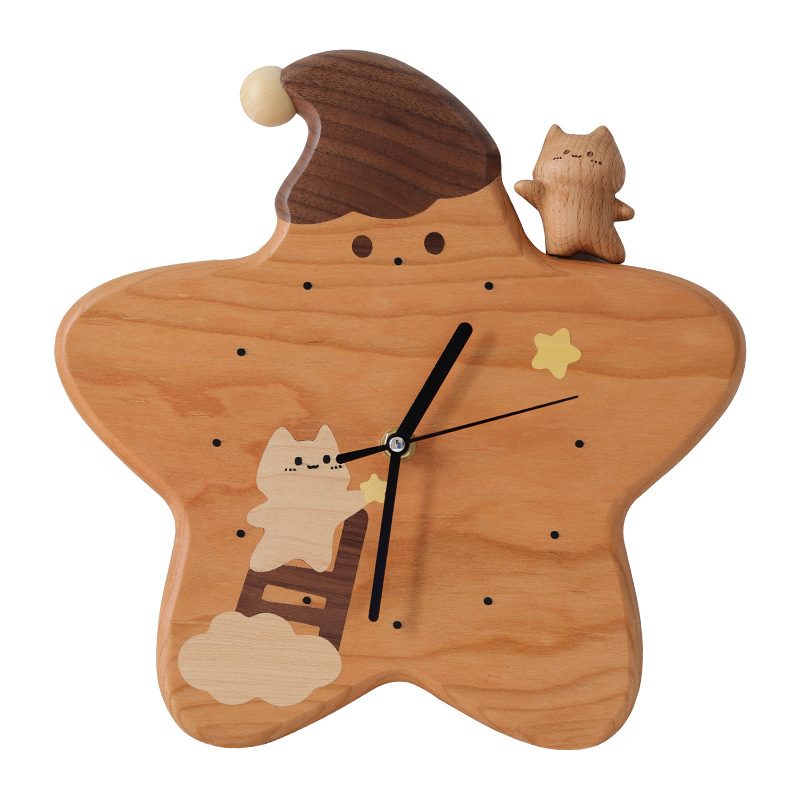 Стилен стенен часовник с дървен циферблат, захранван с батерии, плавен ход на секундата, стил карикатура, едностранен, подходящ за хол