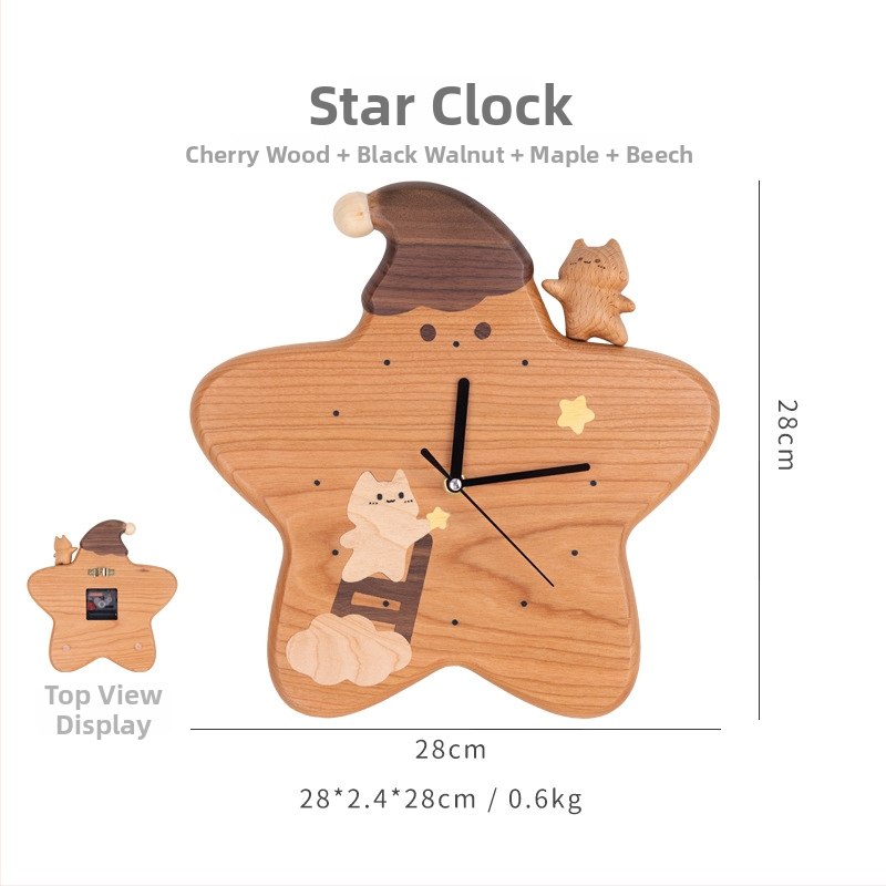 Стилен стенен часовник с дървен циферблат, захранван с батерии, плавен ход на секундата, стил карикатура, едностранен, подходящ за хол