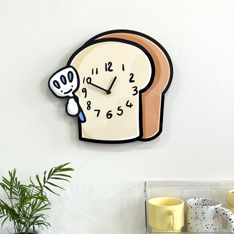 Стенен часовник с мотив на тост за пекарна и детска градина, едностранен, захранван с батерия, MDF+PVC корпус, циферблат от закалено стъкло, прост модерен дизайн