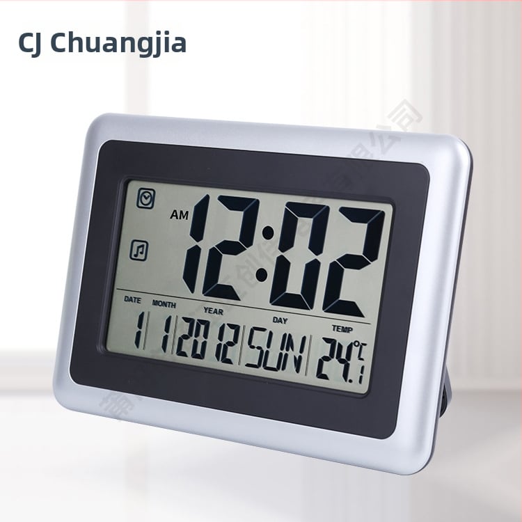 Стенен часовник с голям LCD дисплей, тиха работа, вечен календар и аларма; захранван от батерия