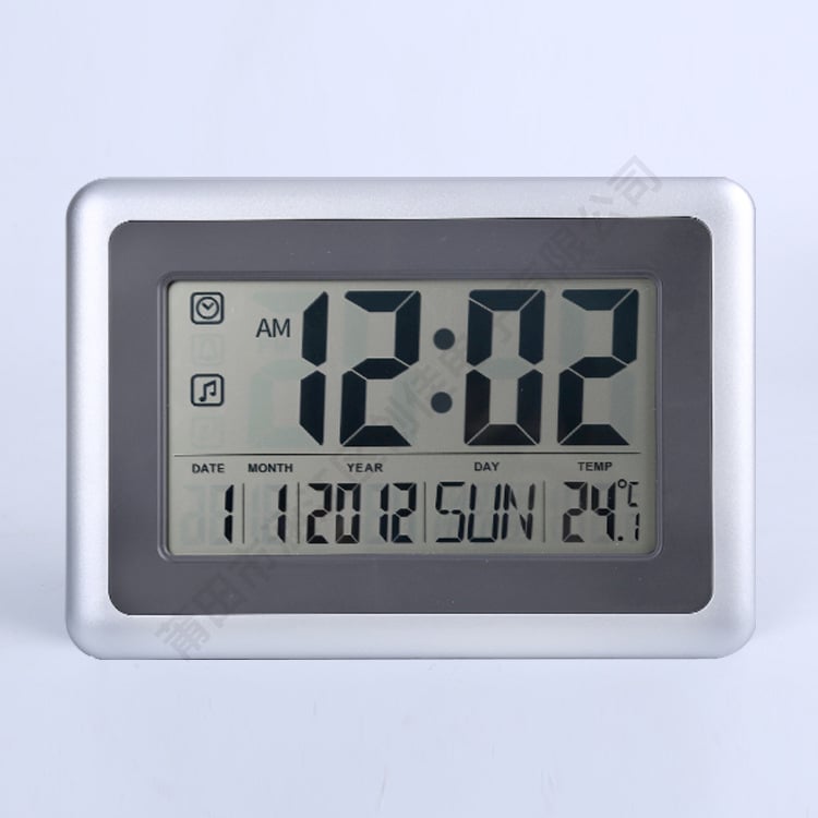 Стенен часовник с голям LCD дисплей, тиха работа, вечен календар и аларма; захранван от батерия