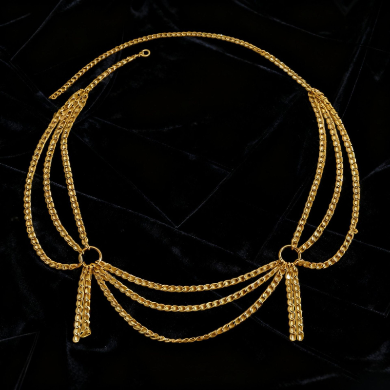 Колан за талия от метал, дължина 105 см, ширина 3 см, многослоен геометричен дизайн