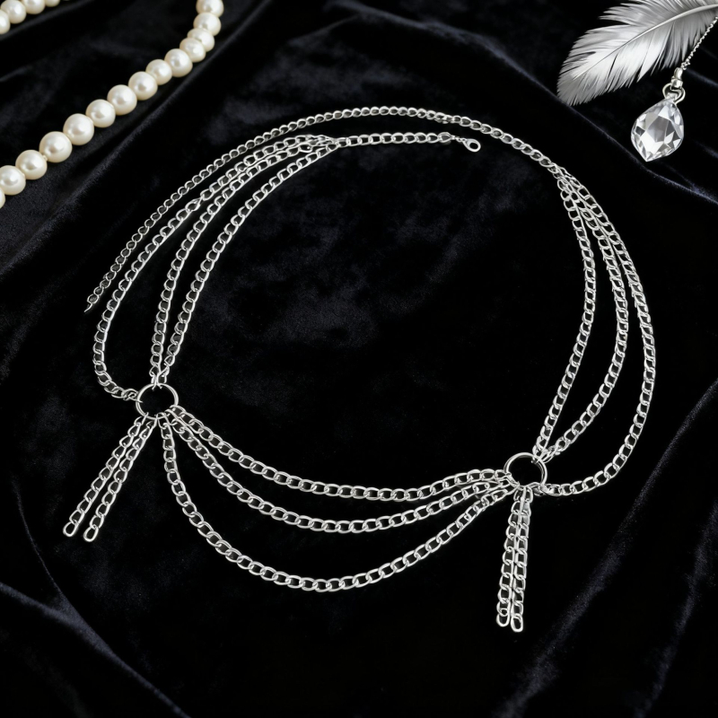 Колан за талия от метал, дължина 105 см, ширина 3 см, многослоен геометричен дизайн