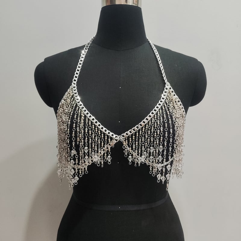 Телесна верига – комплект от две части с ресни и кристални мънини, гръдна и талия верига (Зимна колекция 2024)