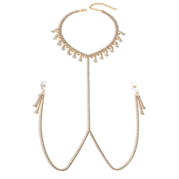 Дамски телесен синджир с кристали, клипси за зърна и ресни, U-образен дизайн, електроплатен завършек