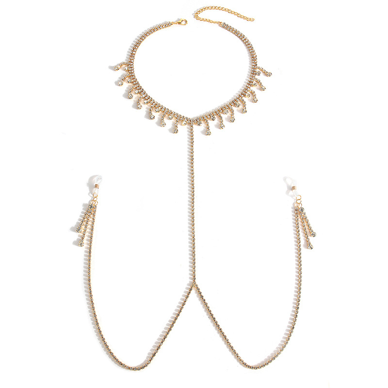 Дамски телесен синджир с кристали, клипси за зърна и ресни, U-образен дизайн, електроплатен завършек