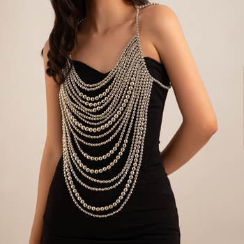 Без презрамки бански топ с имитационни перли за гръдния кош и телесна верига, зима 2024